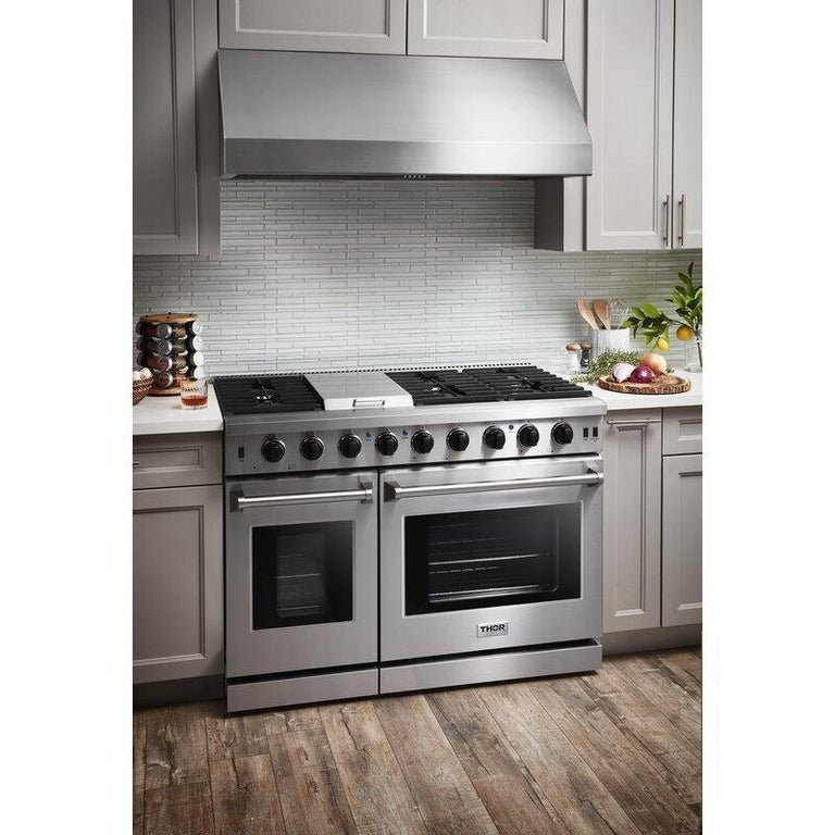 Perfectly Situation Openbox with Supper Discount Thor Kitchen 48 in. 6.8 cu. ft. Double Oven Natural Gas Range in Stainless Steel, LRG4807U -R - Smart Kitchen Lab