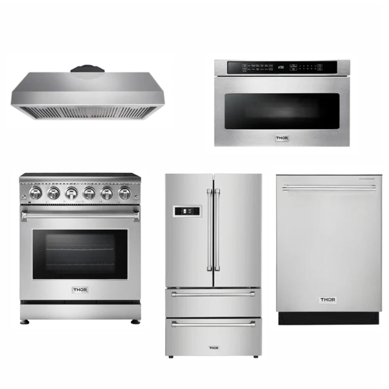 Thor Kitchen 30 inches High Qulity Professional Appliances 5-Piece: 30 inches High Qulity Professional Range,Stainless Steel Range Hood,French Door Refrigerator,Dishwasher,Microwave, Ap-30-hq-5 - Smart Kitchen Lab