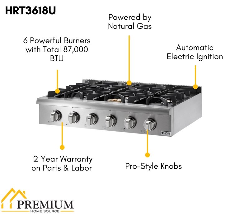 Thor Kitchen 36 in. Gas Cooktop in Stainless Steel with 6 Burners, HRT3618U - Smart Kitchen Lab