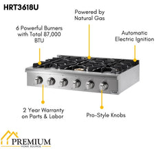 Thor Kitchen 36 in. Gas Cooktop in Stainless Steel with 6 Burners, HRT3618U - Smart Kitchen Lab