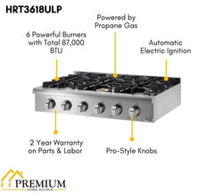 Thor Kitchen 36 in. Liquid Propane Gas Cooktop in Stainless Steel with 6 Burners, HRT3618ULP - Smart Kitchen Lab
