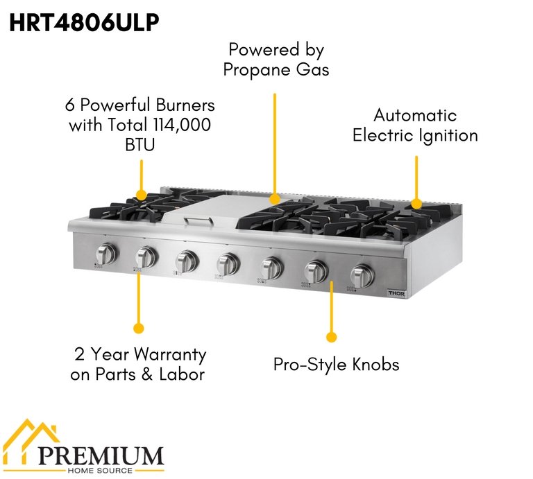 Thor Kitchen 48 in. Propane Gas Rangetop in Stainless Steel, HRT4806ULP - Smart Kitchen Lab