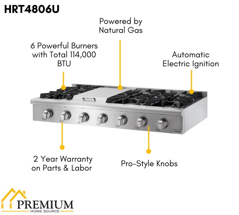Thor Kitchen 48 inch Gas Professional Rangetop in Stainless Steel, HRT4806U - Smart Kitchen Lab
