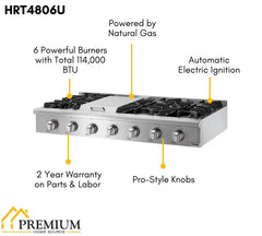 Thor Kitchen 48 inch Gas Professional Rangetop in Stainless Steel, HRT4806U - Smart Kitchen Lab