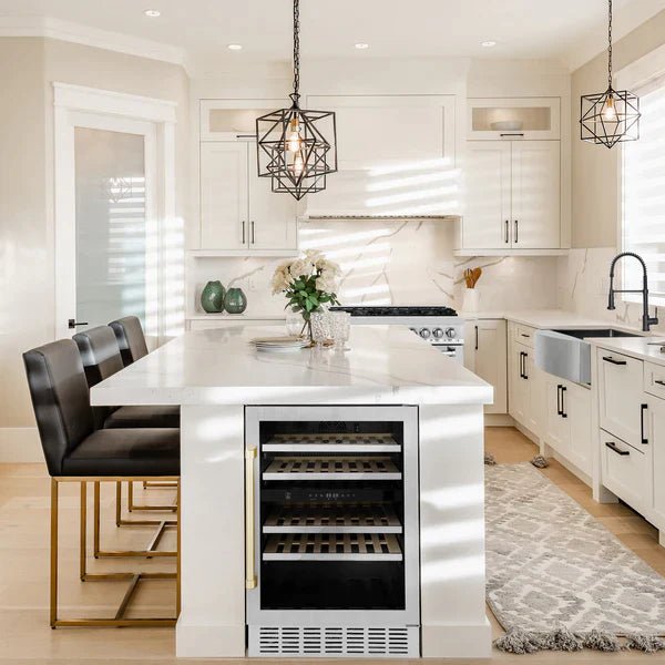 ZLINE 24" Autograph Dual Zone 44-Bottle Wine Cooler in Stainless Steel with Gold Accents, RWVZ-UD-24-G - Smart Kitchen Lab