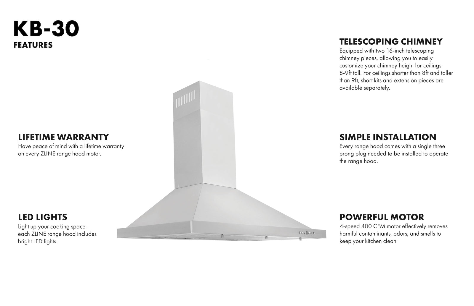 ZLINE 30 in. Convertible Vent Wall Mount Range Hood in Stainless Steel, KB-30 - Smart Kitchen Lab