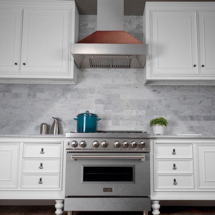 ZLINE 30 in. Ducted DuraSnow® Stainless Steel Range Hood with Hand-Hammered Copper Shell, 8654HH-30 - Smart Kitchen Lab