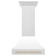 ZLINE 30 Inch Autograph Edition DuraSnow® Range Hood with White Matte Shell and Gold Handle, 8654SNZ-WM30-G - Smart Kitchen Lab