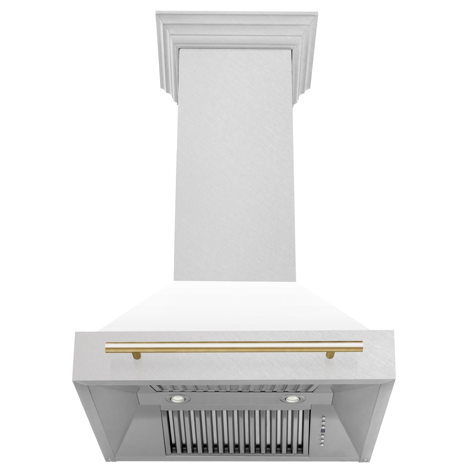 ZLINE 30 Inch Autograph Edition DuraSnow® Range Hood with White Matte Shell and Gold Handle, 8654SNZ-WM30-G - Smart Kitchen Lab