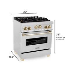 ZLINE 30 Inch Autograph Edition Gas Range in DuraSnow® Stainless Steel with Gold Accents, RGSZ-SN-30-G - Smart Kitchen Lab