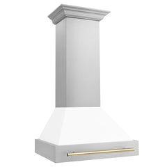 ZLINE 30 Inch Autograph Edition Range Hood with White Matte Shell and Gold Handle, 8654STZ-WM30-G - Smart Kitchen Lab