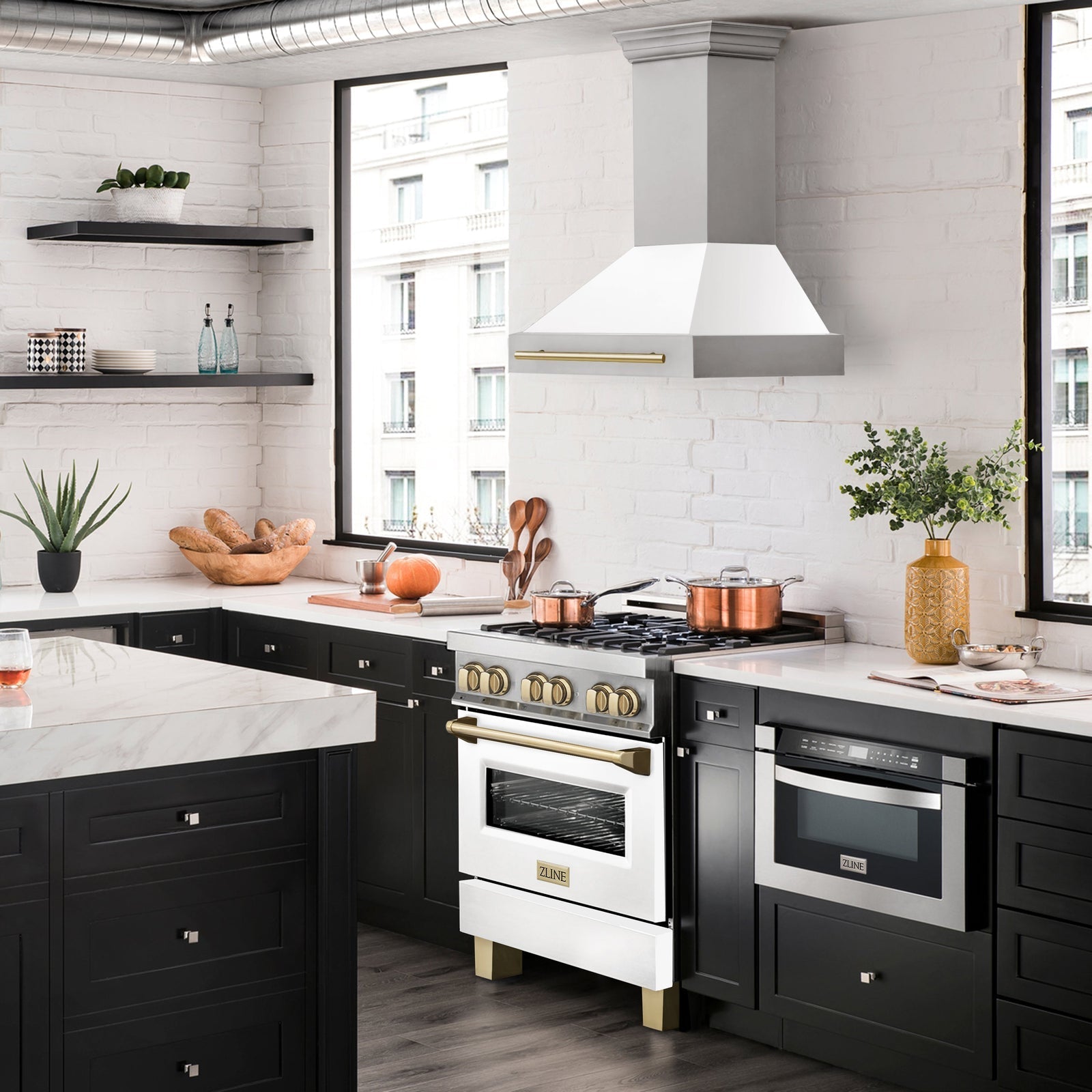 ZLINE 30 Inch Autograph Edition Range Hood with White Matte Shell and Gold Handle, 8654STZ-WM30-G - Smart Kitchen Lab