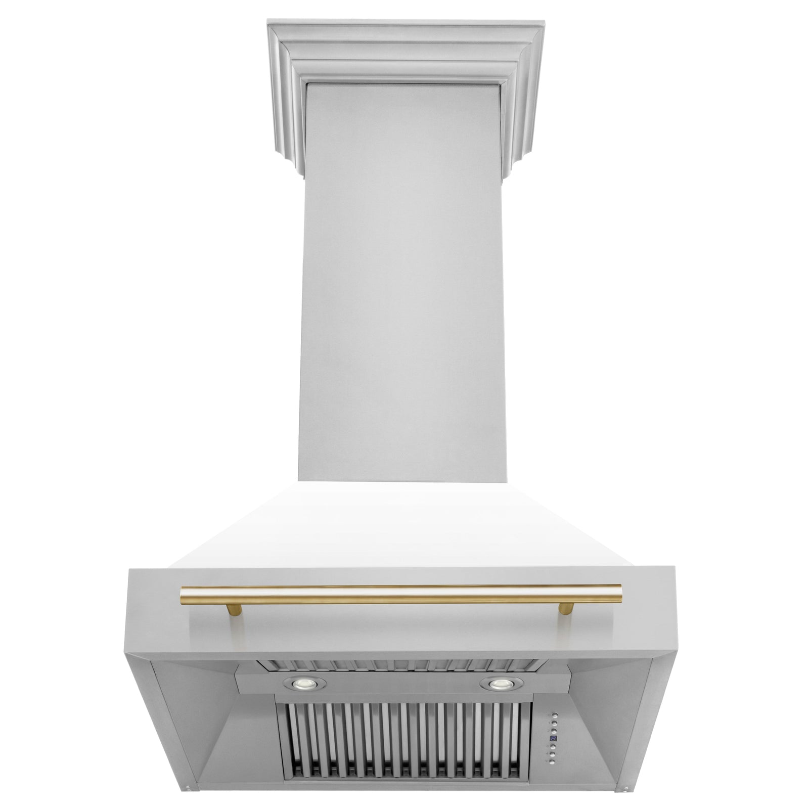 ZLINE 30 Inch Autograph Edition Range Hood with White Matte Shell and Gold Handle, 8654STZ-WM30-G - Smart Kitchen Lab