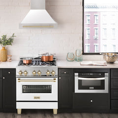 ZLINE 30 Inch Autograph Edition Range Hood with White Matte Shell and Gold Handle, 8654STZ-WM30-G - Smart Kitchen Lab