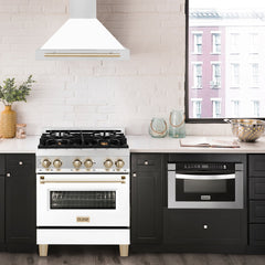ZLINE 30 Inch Autograph Edition Stainless Steel Range Hood with White Matte Shell and Gold Handle, KB4STZ-WM30-G - Smart Kitchen Lab