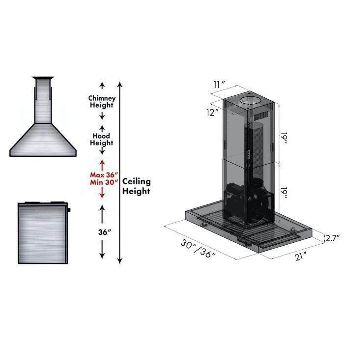 ZLINE 36 In. Convertible Island Mount Range Hood in Black Stainless Steel, BSKE2iN-36 - Smart Kitchen Lab