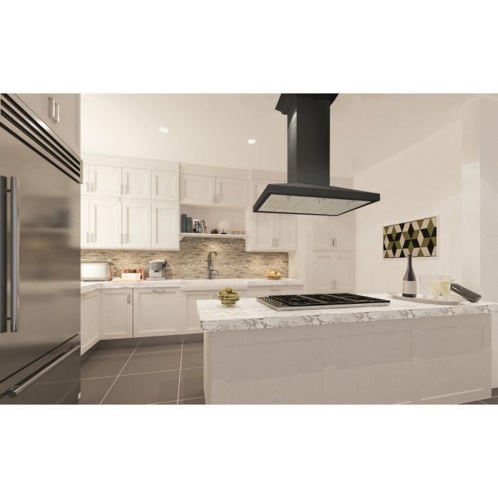 ZLINE 36 in. Designer Black Wooden Island Range Hood, Crown Molding, KBiCC-36 - Smart Kitchen Lab