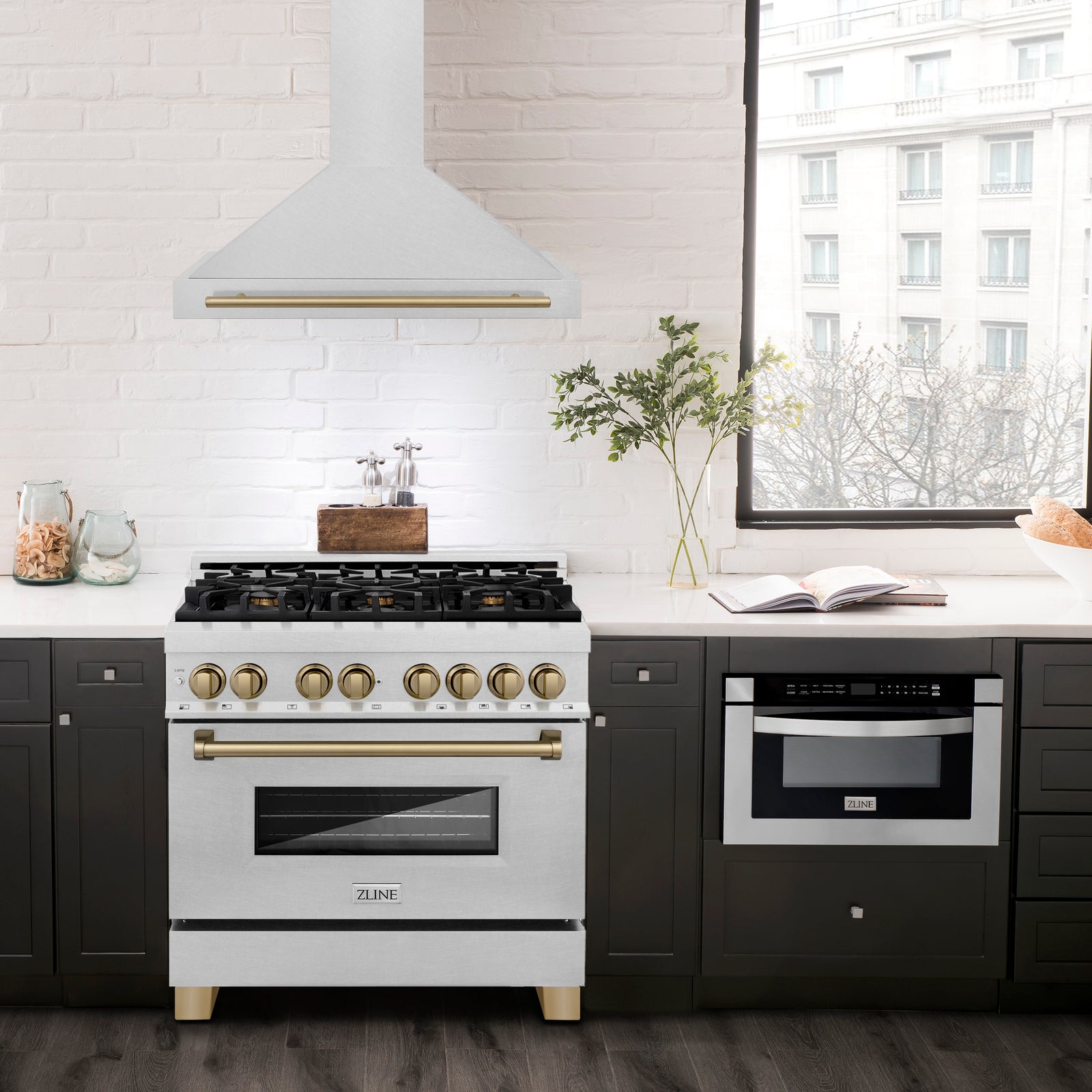 ZLINE 36 Inch Autograph Edition DuraSnow® Stainless Steel Range Hood with Champagne Bronze Handle, KB4SNZ-36-CB - Smart Kitchen Lab