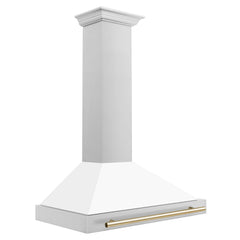 ZLINE 36 Inch Autograph Edition Stainless Steel Range Hood with a Matte White Shell and Gold Handle, KB4STZ-WM36-G - Smart Kitchen Lab