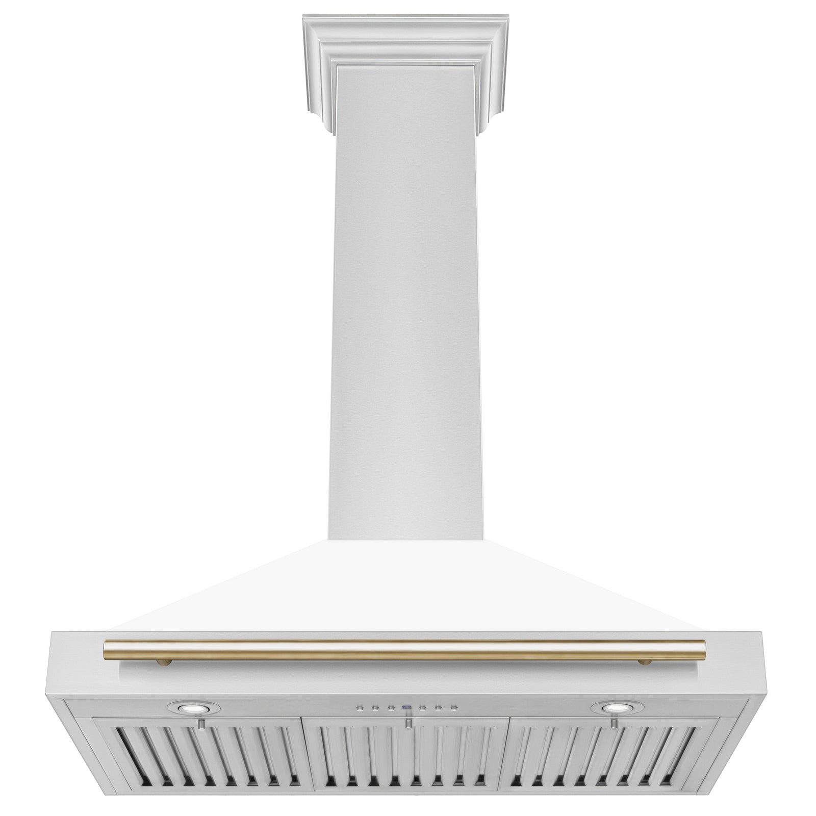 ZLINE 36 Inch Autograph Edition Stainless Steel Range Hood with a Matte White Shell and Gold Handle, KB4STZ-WM36-G - Smart Kitchen Lab