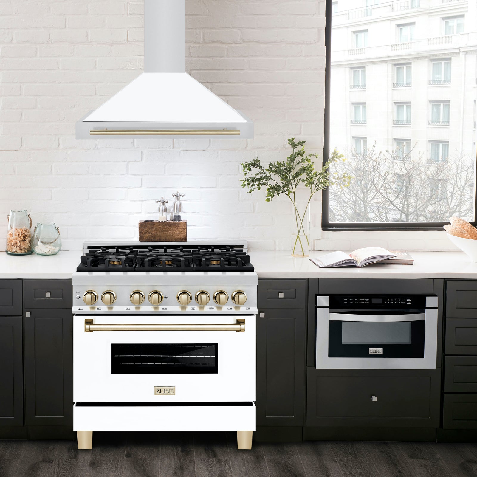 ZLINE 36 Inch Autograph Edition Stainless Steel Range Hood with a Matte White Shell and Gold Handle, KB4STZ-WM36-G - Smart Kitchen Lab