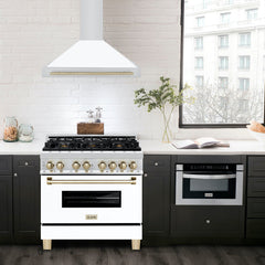 ZLINE 36 Inch Autograph Edition Stainless Steel Range Hood with a Matte White Shell and Gold Handle, KB4STZ-WM36-G - Smart Kitchen Lab