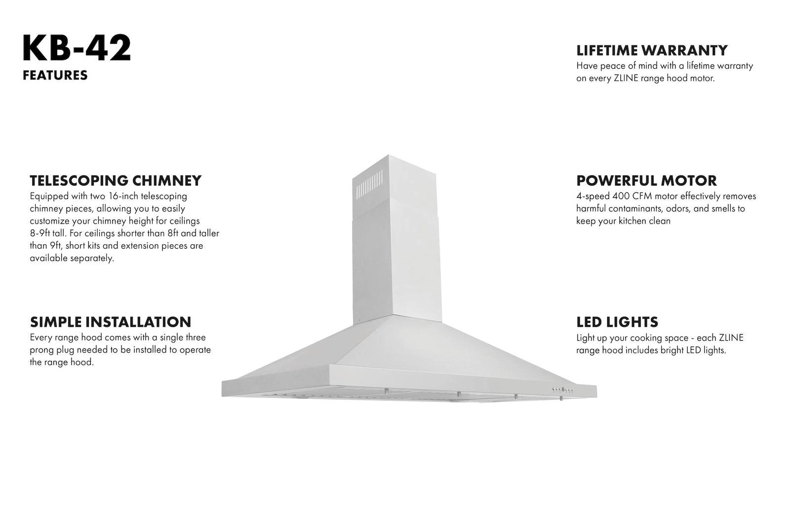 ZLINE 42 in. Convertible Vent Wall Mount Range Hood in Stainless Steel, KB-42 - Smart Kitchen Lab