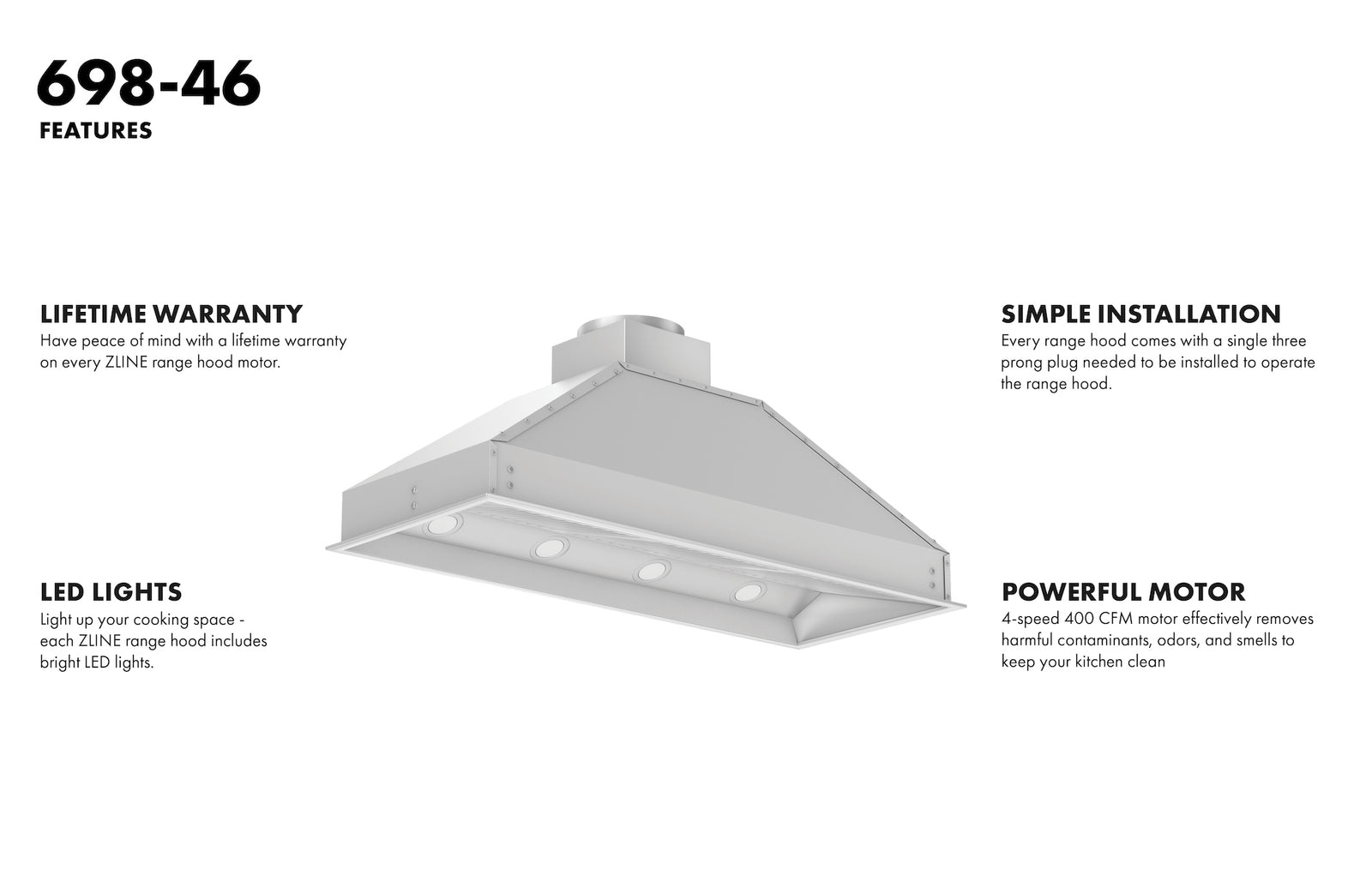 ZLINE 46 in. Width Wall Mount Range Hood Insert (18 in. Depth), 698-46 - Smart Kitchen Lab