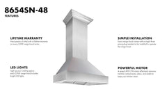 ZLINE 48 in. DuraSnow® Stainless Steel Range Hood with DuraSnow® Shell, 8654SN-48 - Smart Kitchen Lab