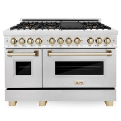 ZLINE Autograph 48 in. Gas Burner/Electric Oven in DuraSnow® Stainless Steel with Gold Accents, RASZ-SN-48-G - Smart Kitchen Lab