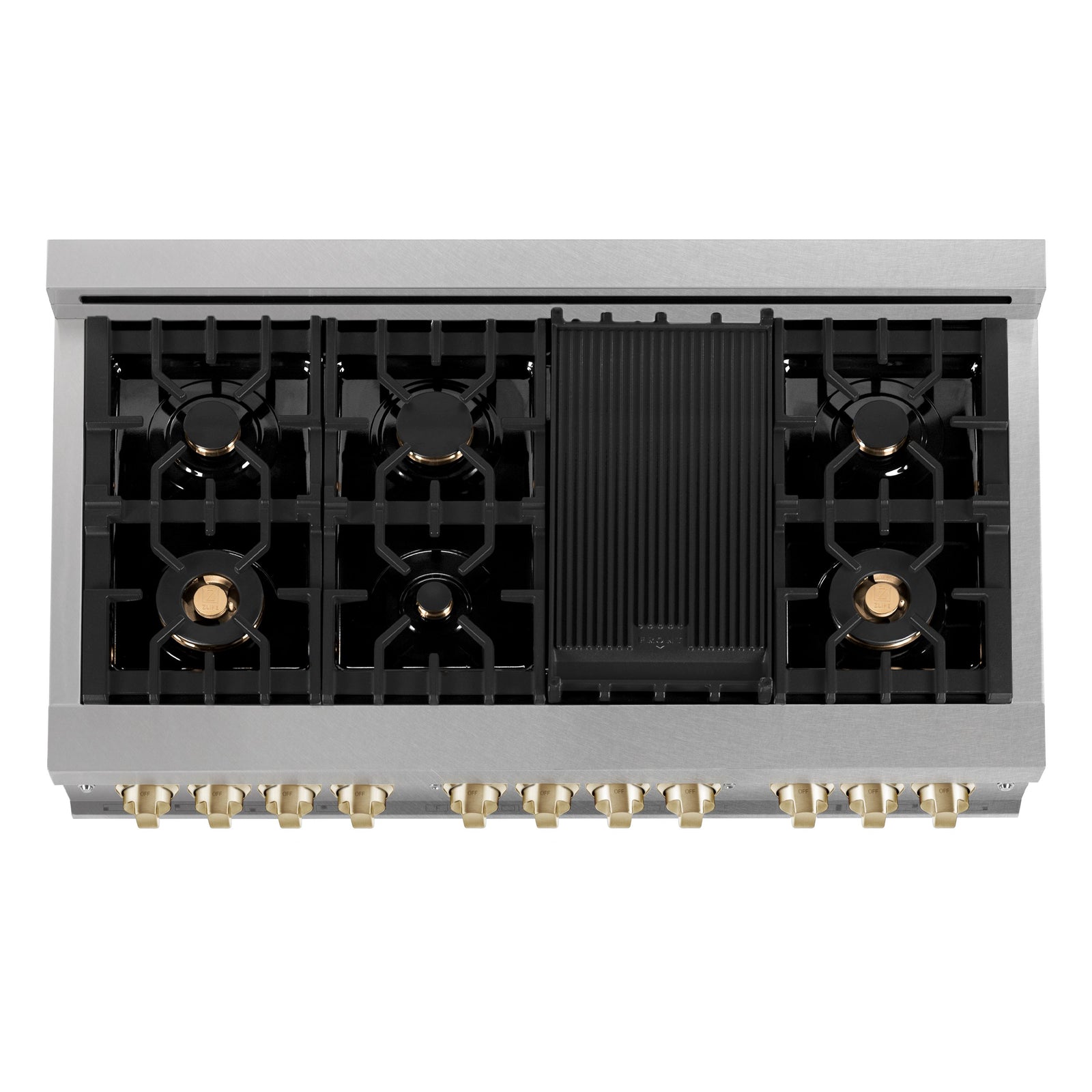 ZLINE Autograph 48 in. Gas Burner/Electric Oven in DuraSnow® Stainless Steel with Gold Accents, RASZ-SN-48-G - Smart Kitchen Lab