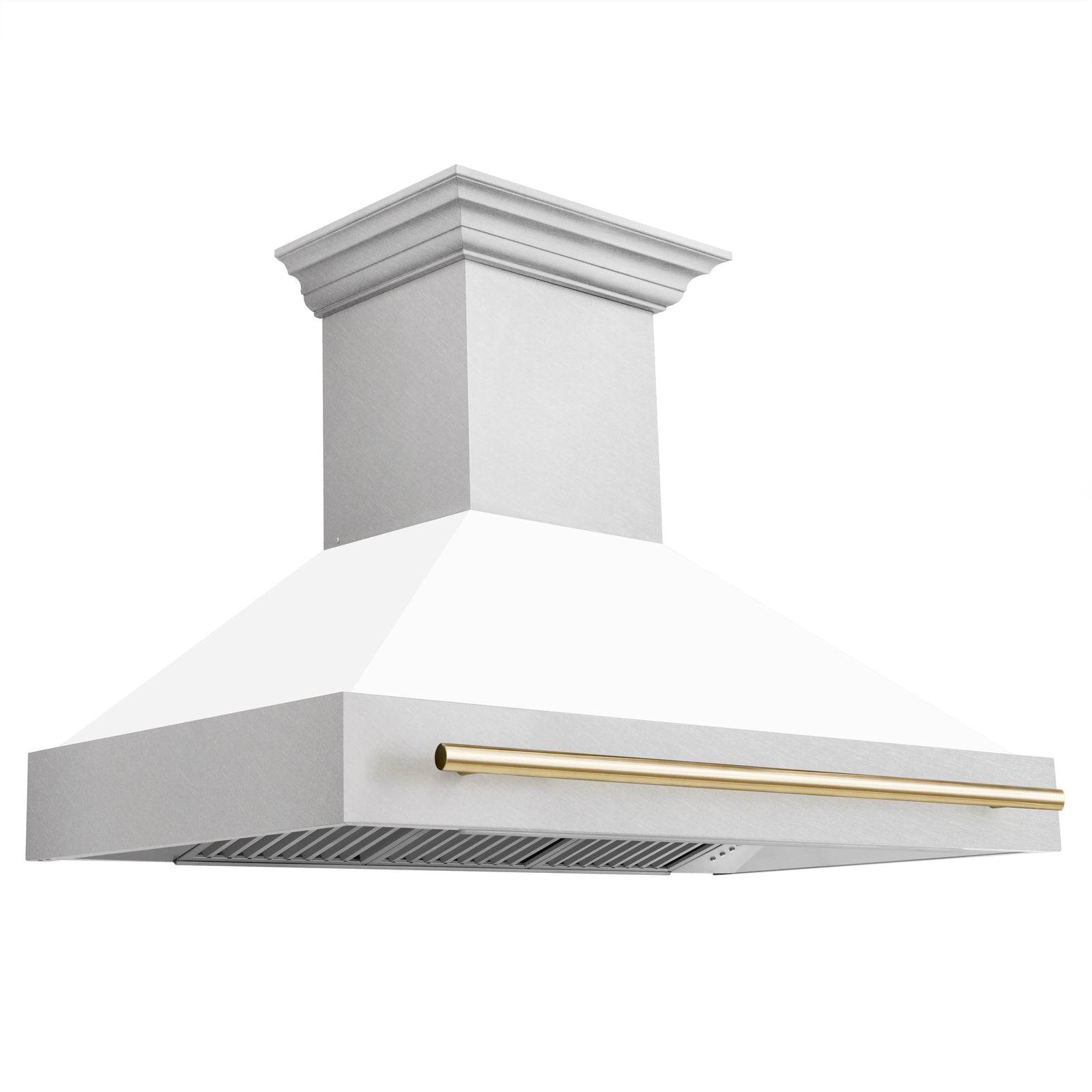 ZLINE Autograph 48 Inch DuraSnow® Stainless Steel Range Hood with White Matte Shell and Gold Handle, 8654SNZ-WM48-G - Smart Kitchen Lab