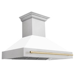 ZLINE Autograph 48 Inch DuraSnow® Stainless Steel Range Hood with White Matte Shell and Gold Handle, 8654SNZ-WM48-G - Smart Kitchen Lab