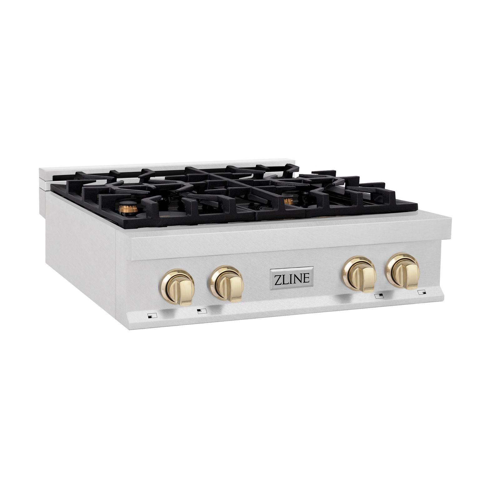 ZLINE Autograph Edition 30 in. Porcelain Rangetop with 4 Gas Burners in DuraSnow® Stainless Steel and Gold Accents, RTSZ-30-G - Smart Kitchen Lab