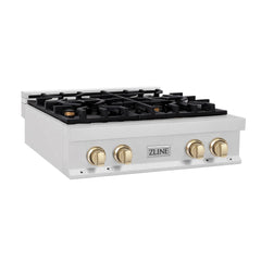ZLINE Autograph Edition 30 in. Porcelain Rangetop with 4 Gas Burners in DuraSnow® Stainless Steel and Gold Accents, RTSZ-30-G - Smart Kitchen Lab