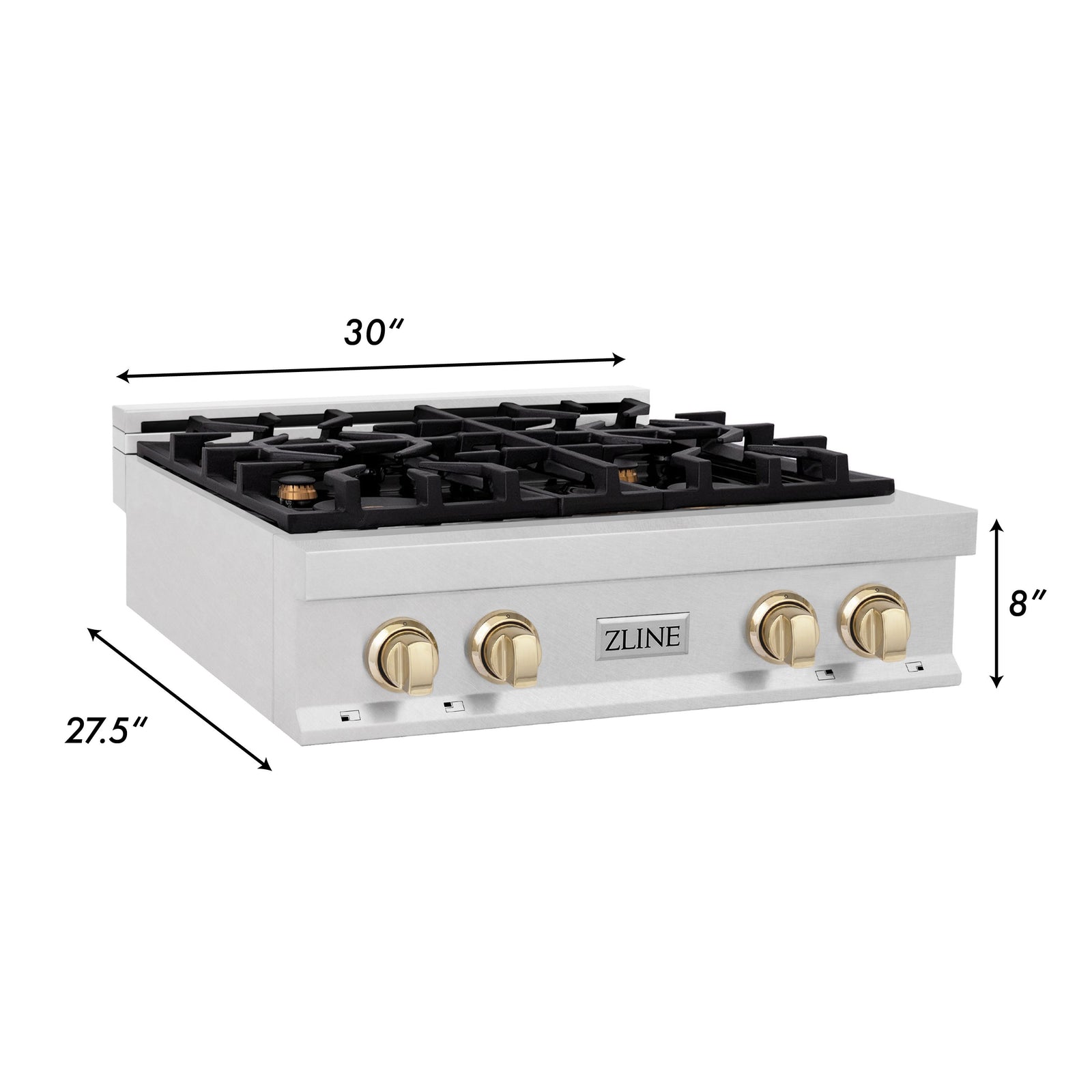 ZLINE Autograph Edition 30 in. Porcelain Rangetop with 4 Gas Burners in DuraSnow® Stainless Steel and Gold Accents, RTSZ-30-G - Smart Kitchen Lab
