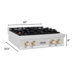 ZLINE Autograph Edition 30 in. Porcelain Rangetop with 4 Gas Burners in DuraSnow® Stainless Steel and Gold Accents, RTSZ-30-G - Smart Kitchen Lab