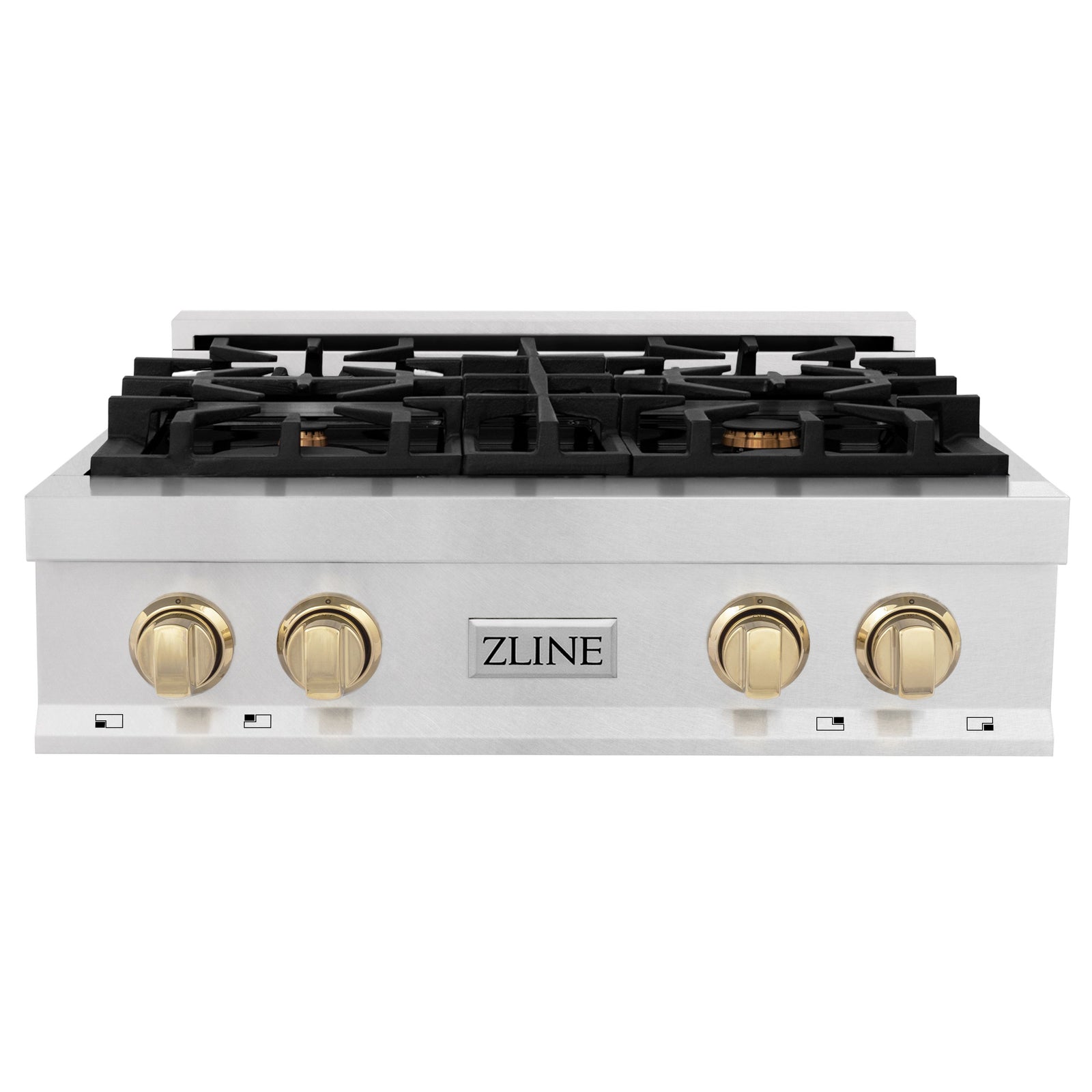 ZLINE Autograph Edition 30 in. Porcelain Rangetop with 4 Gas Burners in DuraSnow® Stainless Steel and Gold Accents, RTSZ-30-G - Smart Kitchen Lab