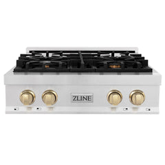 ZLINE Autograph Edition 30 in. Porcelain Rangetop with 4 Gas Burners in DuraSnow® Stainless Steel and Gold Accents, RTSZ-30-G - Smart Kitchen Lab