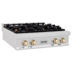 ZLINE Autograph Edition 30 in. Porcelain Rangetop with 4 Gas Burners in DuraSnow® Stainless Steel and Gold Accents, RTSZ-30-G - Smart Kitchen Lab