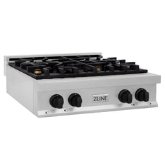 ZLINE Autograph Edition 30 in. Porcelain Rangetop with 4 Gas Burners in DuraSnow® Stainless Steel and Matte Black Accents, RTSZ-30-MB - Smart Kitchen Lab