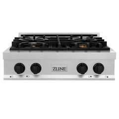 ZLINE Autograph Edition 30 in. Porcelain Rangetop with 4 Gas Burners in DuraSnow® Stainless Steel and Matte Black Accents, RTSZ-30-MB - Smart Kitchen Lab