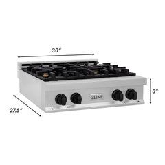 ZLINE Autograph Edition 30 in. Porcelain Rangetop with 4 Gas Burners in DuraSnow® Stainless Steel and Matte Black Accents, RTSZ-30-MB - Smart Kitchen Lab