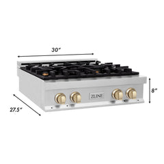 ZLINE Autograph Edition 30 in. Porcelain Rangetop with 4 Gas Burners in Stainless Steel and Gold Accents, RTZ-30-G - Smart Kitchen Lab