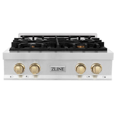 ZLINE Autograph Edition 30 in. Porcelain Rangetop with 4 Gas Burners in Stainless Steel and Gold Accents, RTZ-30-G - Smart Kitchen Lab