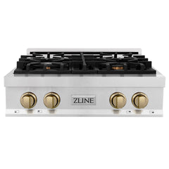 ZLINE Autograph Edition 30 In. Rangetop with 4 Gas Burners in DuraSnow®Stainless Steel and Champagne Bronze Accents, RTSZ-30-CB - Smart Kitchen Lab