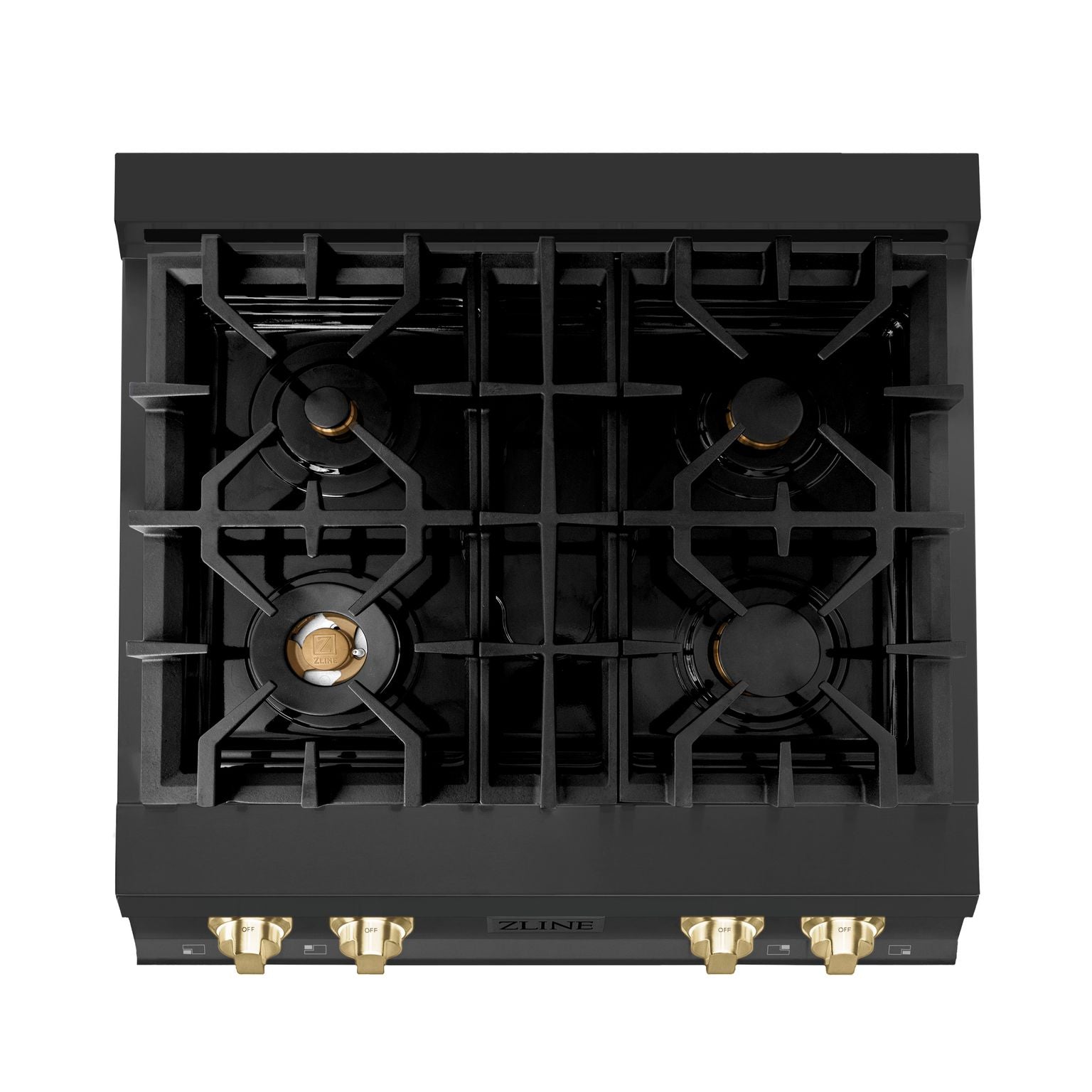 ZLINE Autograph Edition 30 Inch Porcelain Rangetop with 4 Gas Burners in Black Stainless Steel and Gold Accents, RTBZ-30-G - Smart Kitchen Lab