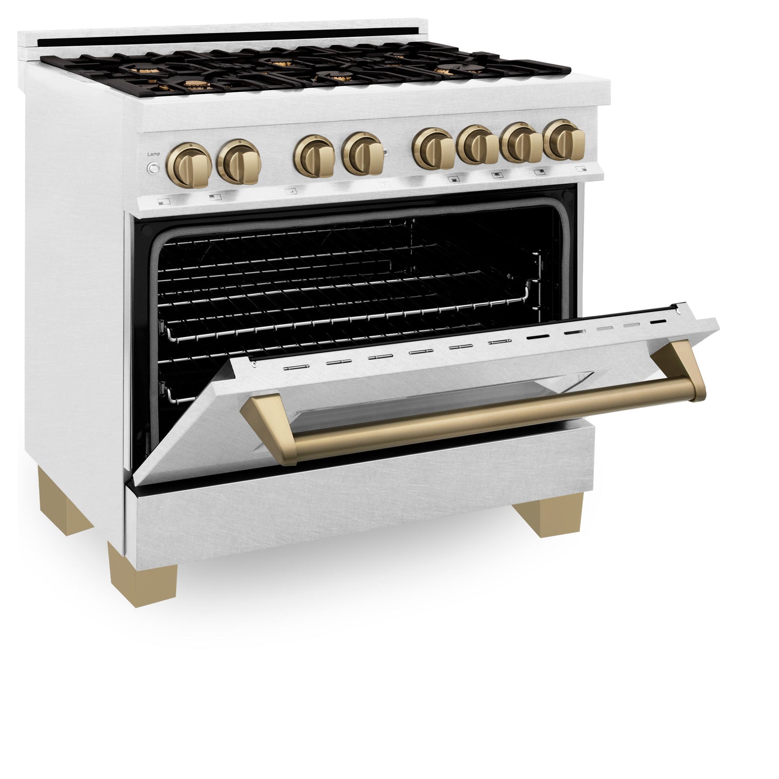ZLINE Autograph Edition 36 in. 4.6 cu. ft. Range with Gas Stove and Electric Oven in DuraSnow® with Champagne Bronze Accents, RASZ-SN-36-CB - Smart Kitchen Lab