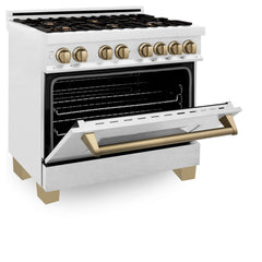 ZLINE Autograph Edition 36 in. 4.6 cu. ft. Range with Gas Stove and Electric Oven in DuraSnow® with Champagne Bronze Accents, RASZ-SN-36-CB - Smart Kitchen Lab