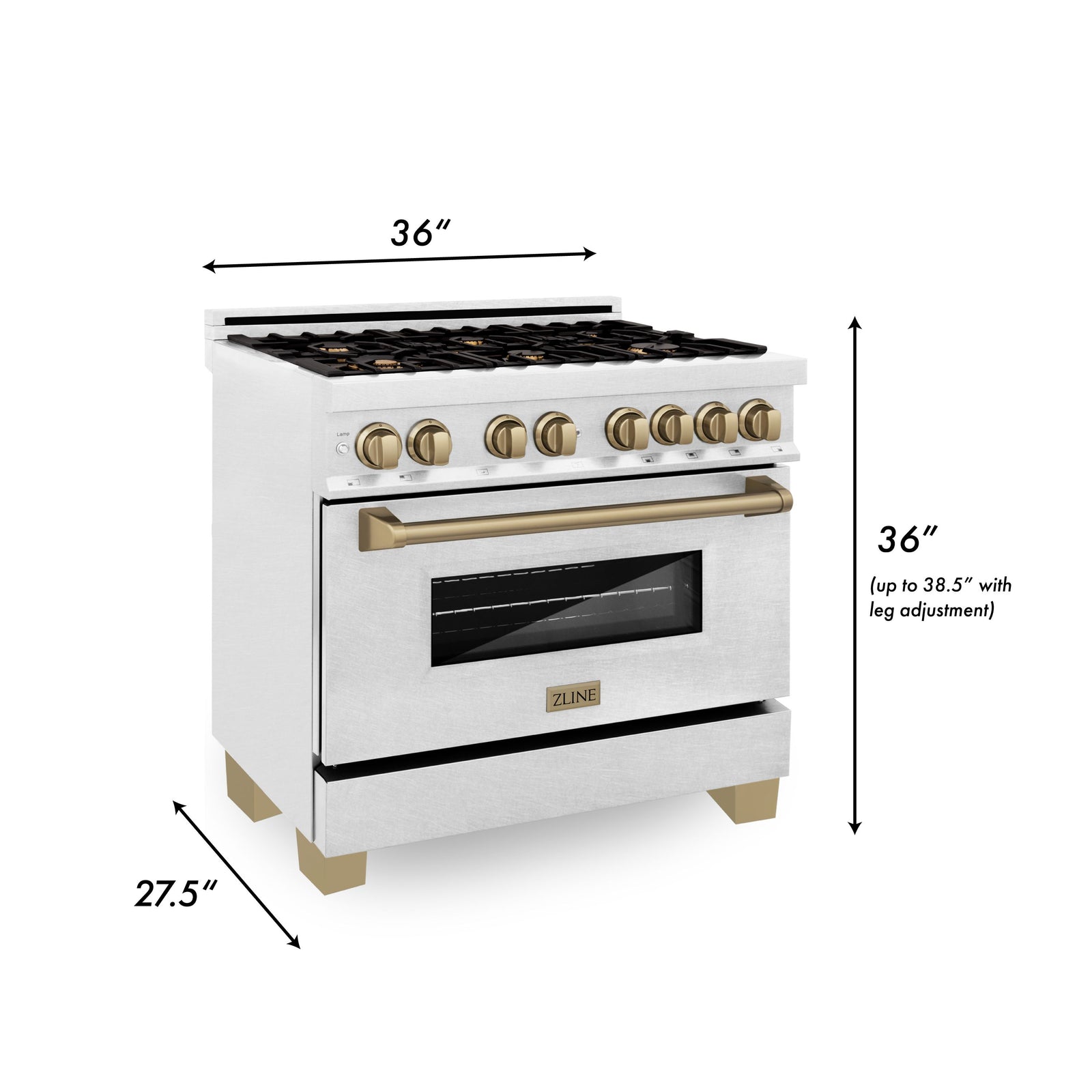 ZLINE Autograph Edition 36 in. 4.6 cu. ft. Range with Gas Stove and Electric Oven in DuraSnow® with Champagne Bronze Accents, RASZ-SN-36-CB - Smart Kitchen Lab